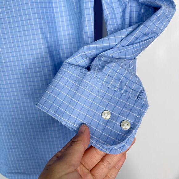 Nordstrom Men 16 /32-33 Blue Plaid Trim Fit Button Down Dress Shirt Wrinkle Free - Picture 6 of 9